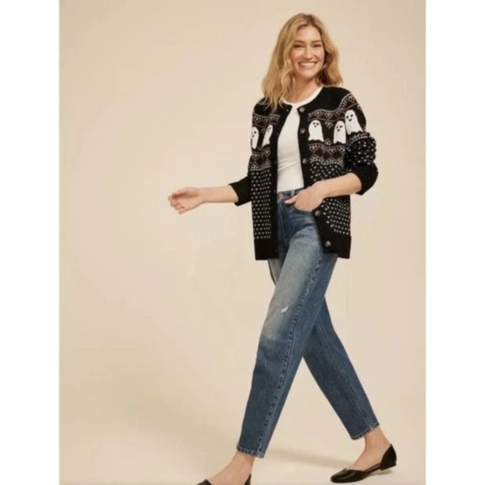 Maurices Cardigan Women Medium Black Ghost Fair Isle Halloween Button Up Sweater